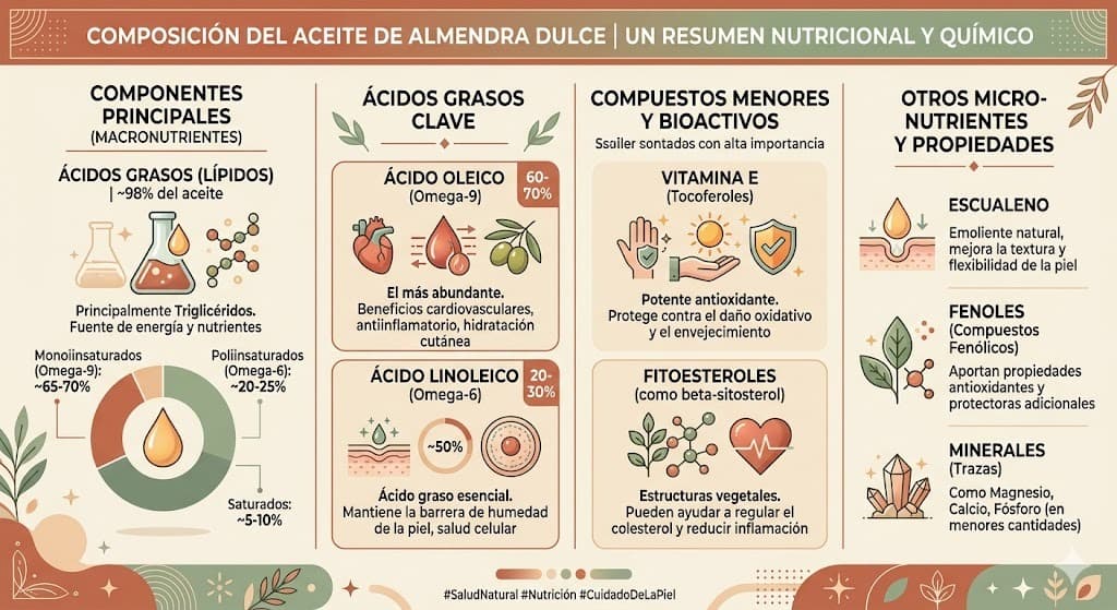 Composicion del aceite de almendras dulces: acidos grasos, vitaminas y su funcion en la piel seca