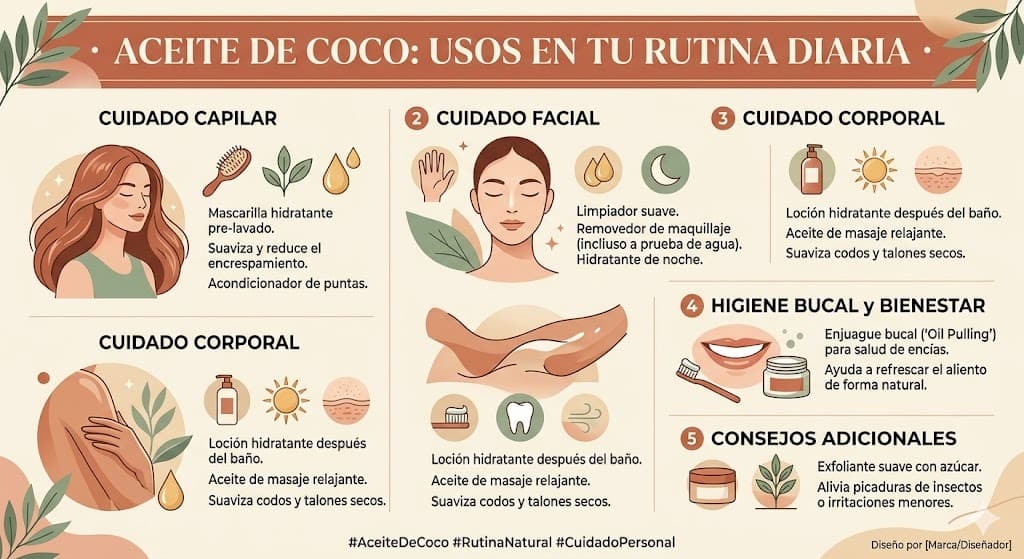 Usos del aceite de coco en la rutina de skincare: desmaquillante, tratamiento capilar, exfoliante e hidratante nocturno