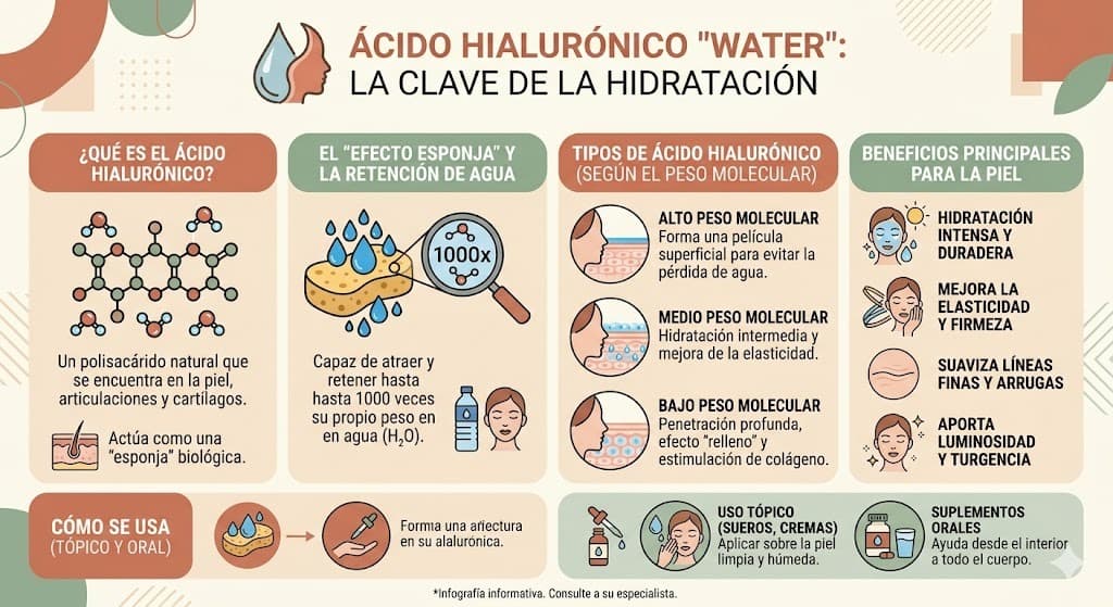 Infografia del acido hialuronico atrayendo agua en las capas de la piel