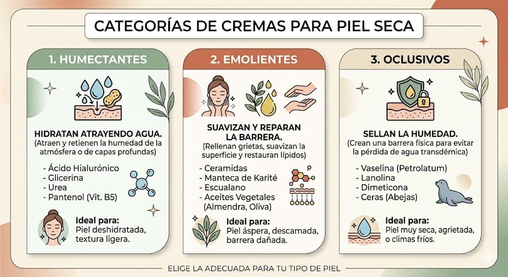 Categorias de cremas para piel seca: humectantes, emolientes, oclusivos y reparadores con ingredientes clave