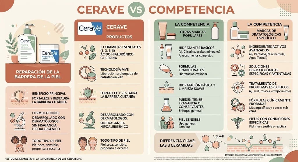 Comparacion de CeraVe con Cetaphil, Eucerin y Dove: ingredientes activos, precios en Mexico y tipo de hidratacion