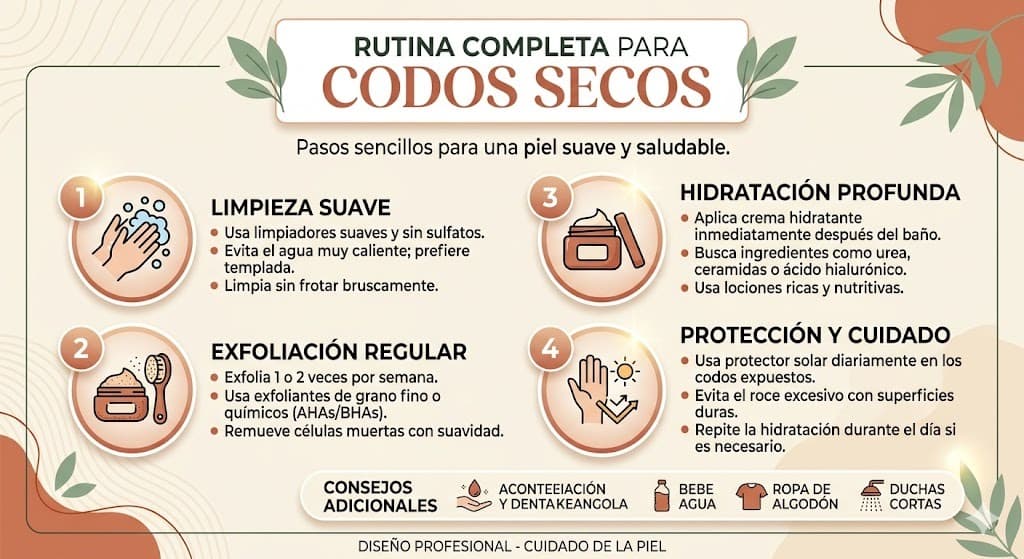 Rutina diaria y semanal para codos secos y oscuros: exfoliacion con urea, hidratacion con manteca y tratamiento intensivo