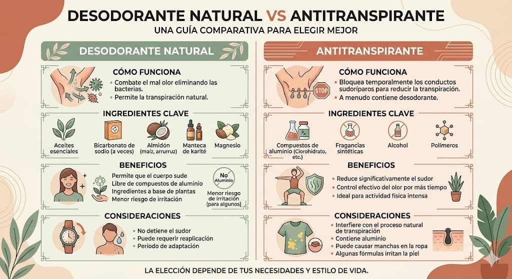 Diferencia entre desodorante natural y antitranspirante con aluminio: como funciona cada uno en la piel axilar