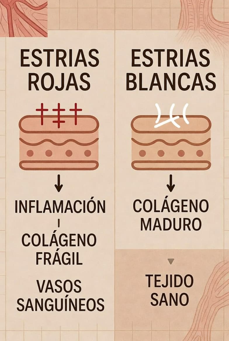 Comparacion entre estrias rojas (recientes, tratables) y estrias blancas (cicatrices maduras): estructura de la piel y opciones de tratamiento