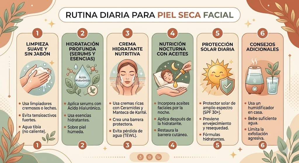 Cuidados faciales para piel seca en Mexico: ingredientes ideales, texturas segun clima y rutina de manana y noche