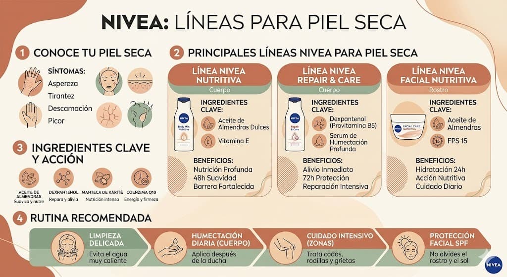 Comparacion de las diferentes lineas Nivea para piel seca: Creme, Regeneracion Intensiva, Body Milk y Extra Seca con ingredientes y precios