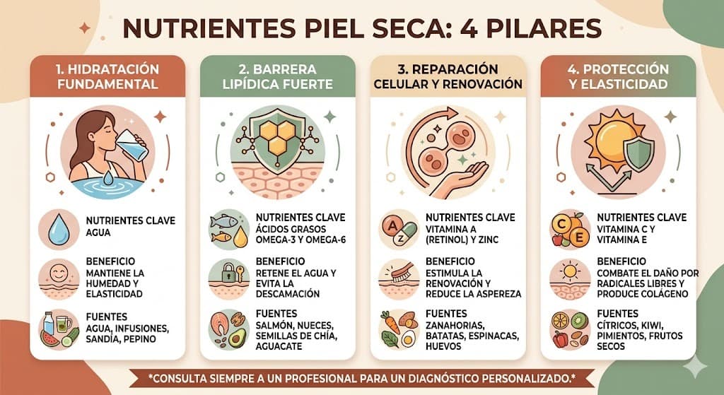 Los 4 nutrientes clave para piel seca: vitamina C constructora de colageno, vitamina A reguladora de barrera, zinc reparador y omega-3 antiinflamatorio, cada uno con su alimento fuente mexicano principal