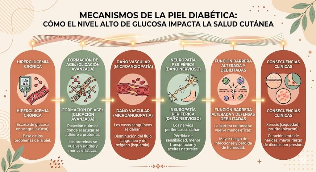 Como la diabetes afecta la piel: deshidratacion, neuropatia, circulacion comprometida y sus efectos en la barrera cutanea