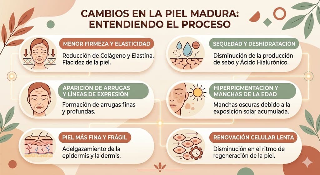 Cambios en la piel con la edad: reduccion de ceramidas, colageno, acido hialuronico y sebo con sus efectos visibles