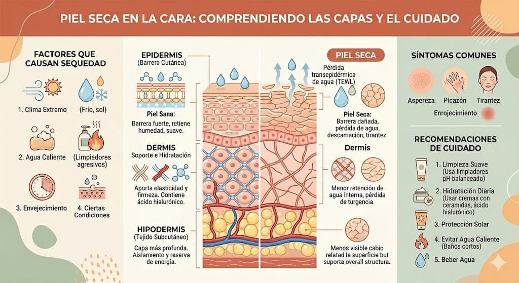 Diagrama de las capas de la piel facial y donde se pierde la hidratacion