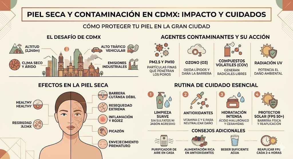 Contaminacion y piel seca en CDMX: como el smog, la altitud y la temporada seca danan la barrera cutanea en la capital mexicana