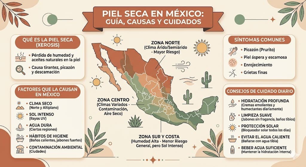 Mapa de piel seca en Mexico: zonas con mayor resequedad por clima, altitud y estacionalidad con recomendaciones por region