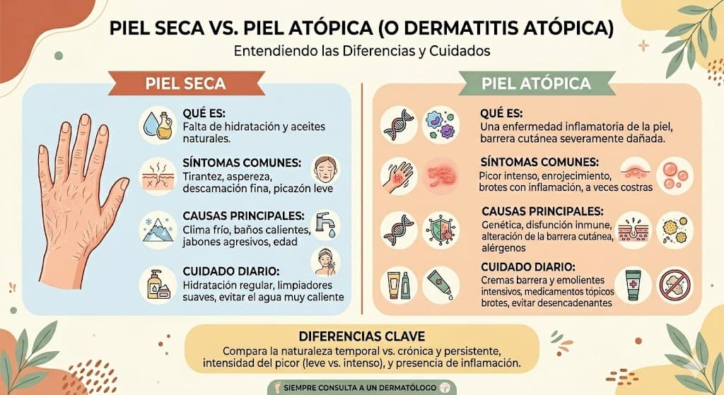 Comparación visual entre piel seca y piel atópica: síntomas, causas y enfoques de tratamiento