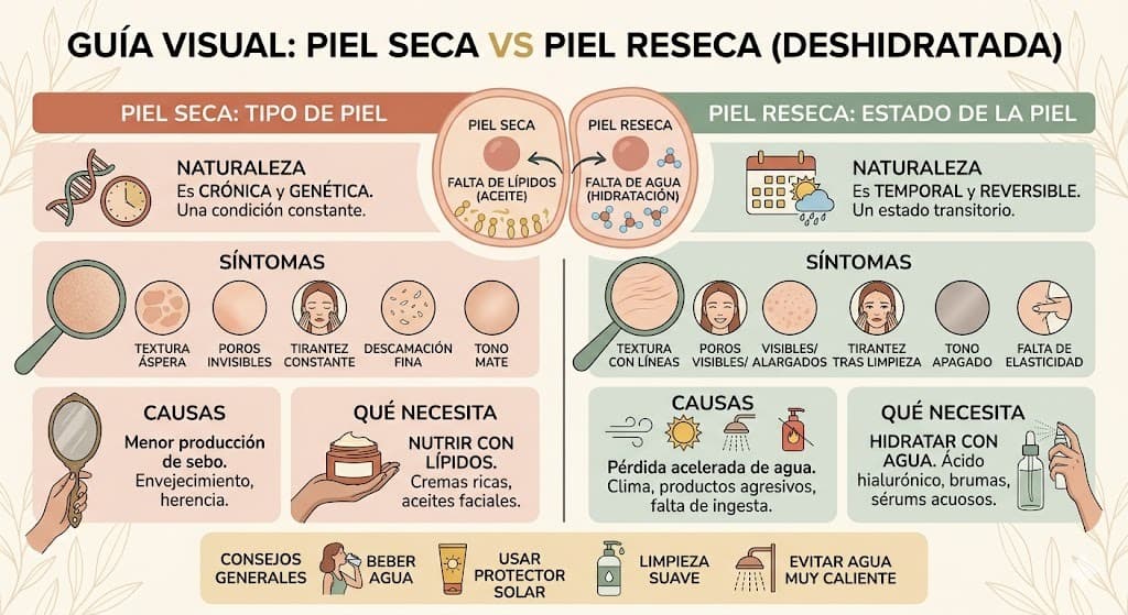 Diferencia entre piel seca (tipo crónico) y piel reseca (estado temporal) con tratamiento para cada una