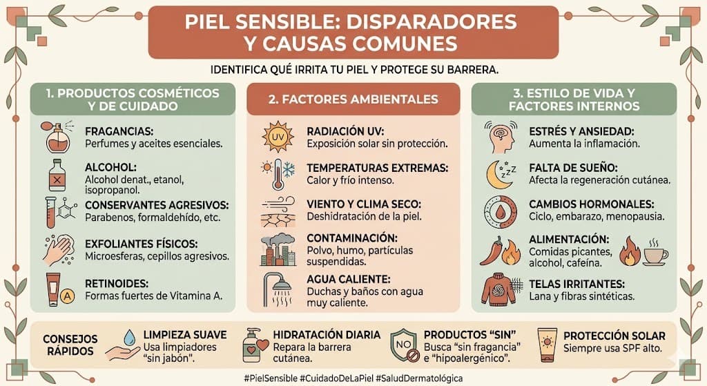 Disparadores que empeoran la piel sensible y seca con alternativas seguras