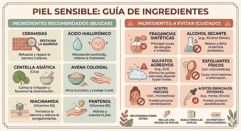 Ingredientes seguros para piel sensible y seca: ceramidas, niacinamida, acido hialuronico y avena coloidal