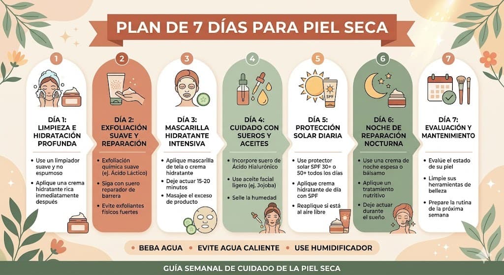 Plan semanal de 7 dias para piel seca con alimentos mexicanos: cada dia muestra desayuno, comida y cena con iconos de frutas vitamina C, leguminosas, pescado omega-3 y vegetales coloridos. Calendario visual con guayaba, frijoles, sardinas, lentejas, nopales y chia como protagonistas