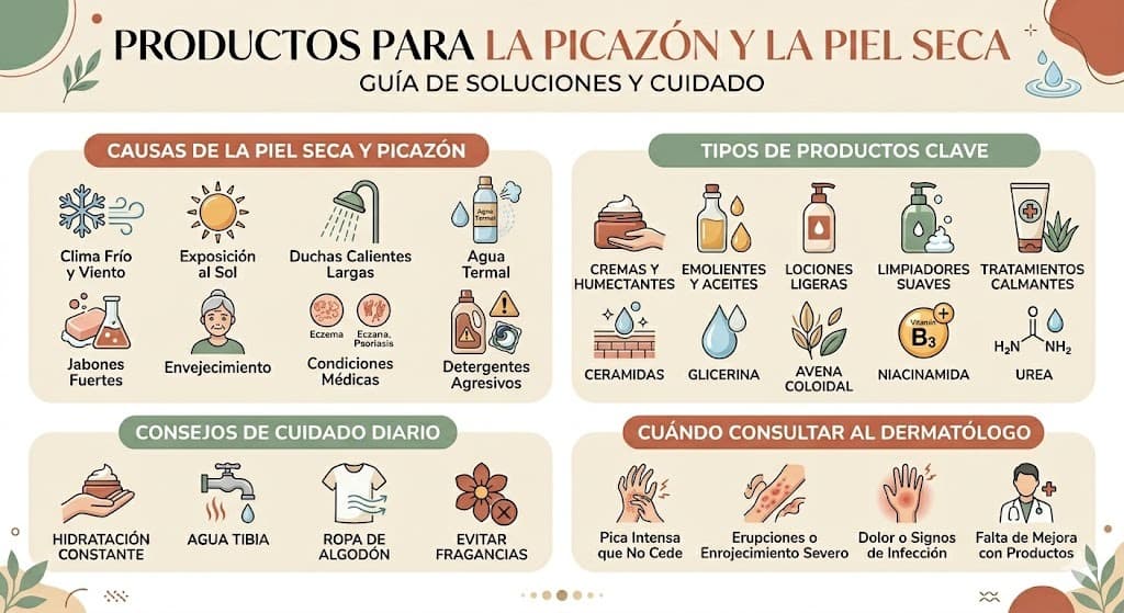 Productos para piel seca con comezon: cremas con avena coloidal, ceramidas y urea que calman la picazon y reparan la barrera