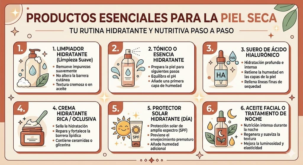 Productos esenciales para la rutina de piel seca en Mexico: limpiador, serum, crema y SPF