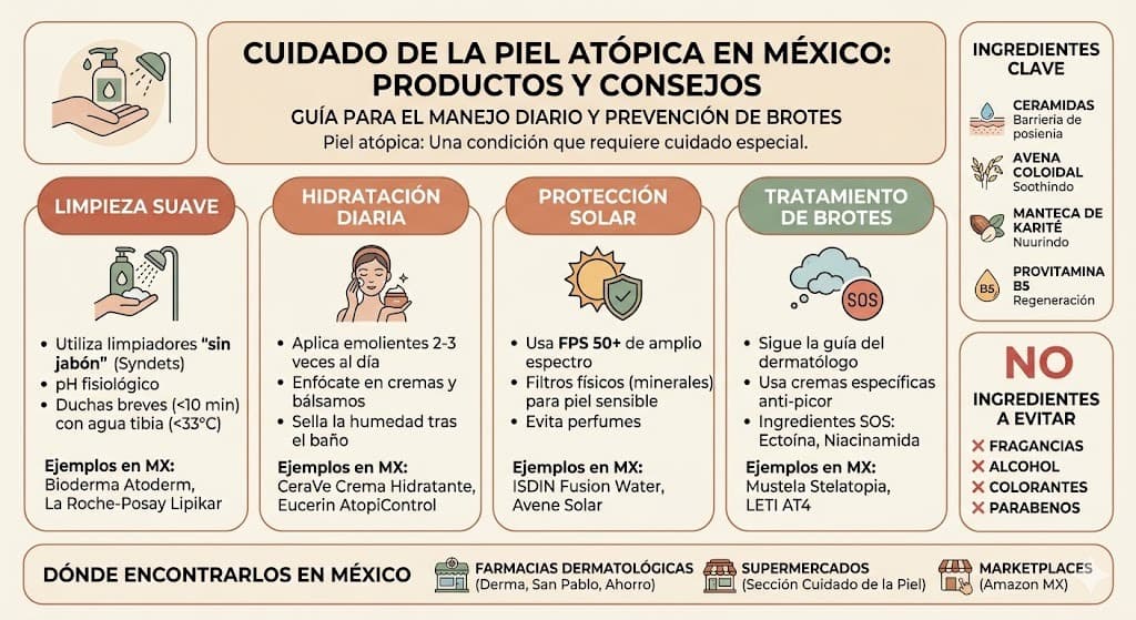 Guía de productos para piel atópica disponibles en farmacias mexicanas con precios y puntos de venta