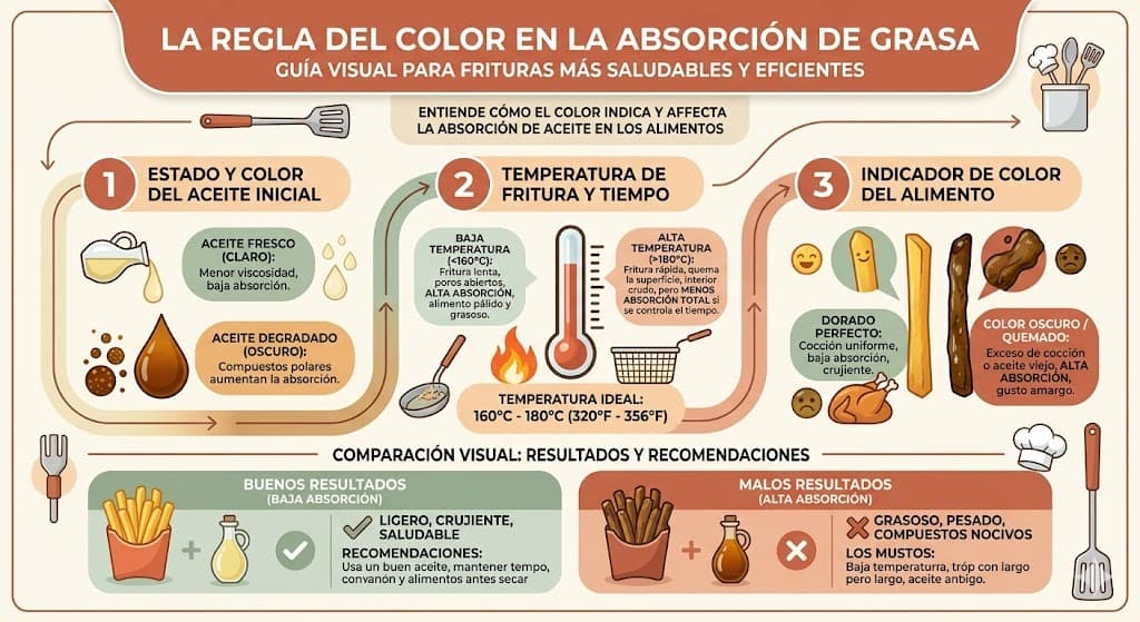 Diagrama de la regla color mas grasa para absorcion de nutrientes: zanahoria con aguacate, jitomate con aceite, verdolagas con frijoles, papaya con chia. Muestra como los carotenoides liposolubles se absorben mejor con una fuente de grasa