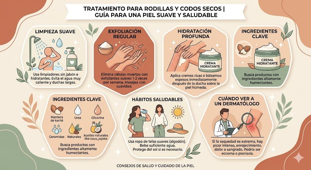 Tratamiento para codos y rodillas secos: ingredientes activos como urea, acido lactico y manteca de karite con rutina de reparacion