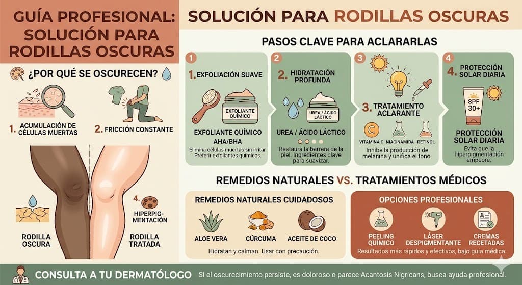 Solucion para rodillas oscuras y cenizas: grados de oscurecimiento, ingredientes exfoliantes y rutina de aclarado progresivo