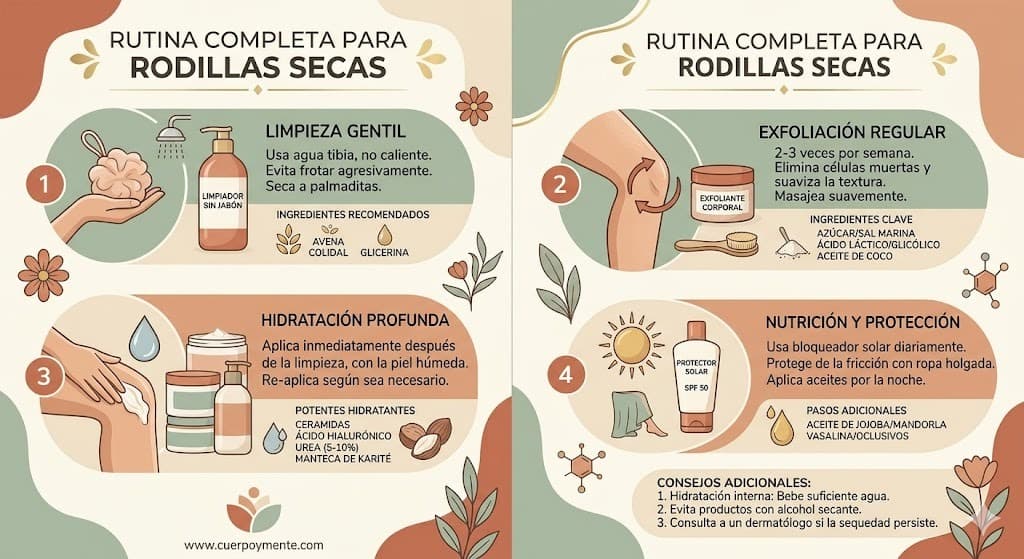 Rutina paso a paso para rodillas secas y oscuras con resultados progresivos por semana