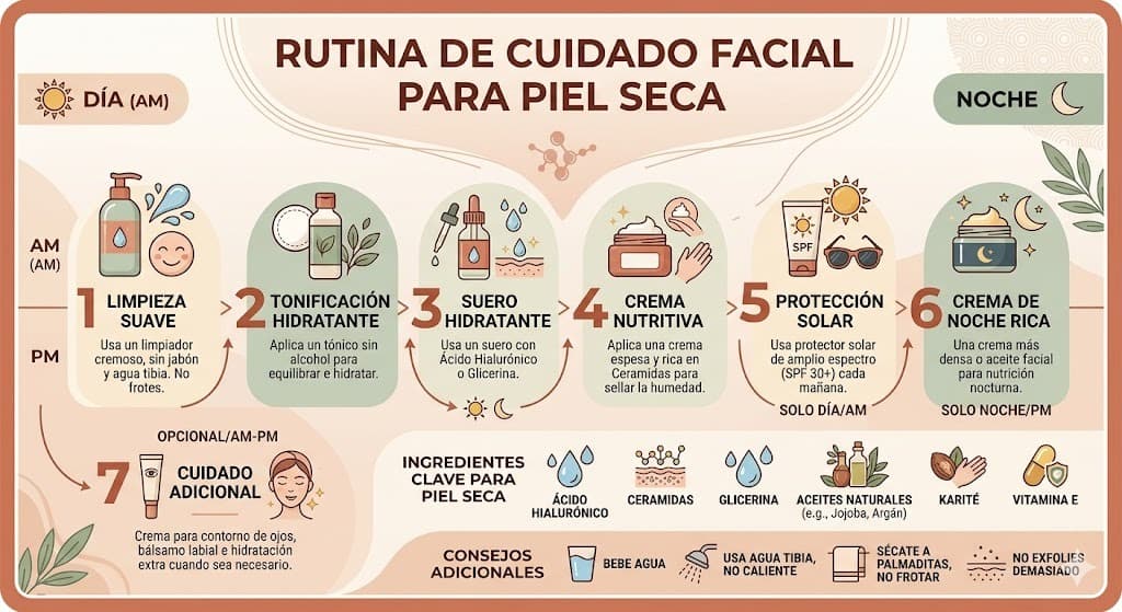 Rutina facial para piel seca en Mexico: pasos de manana y noche con productos adaptados al clima y tipo de piel
