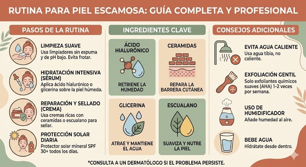 Rutina de tratamiento para piel escamosa: exfoliación química + hidratación intensa + mantenimiento diario