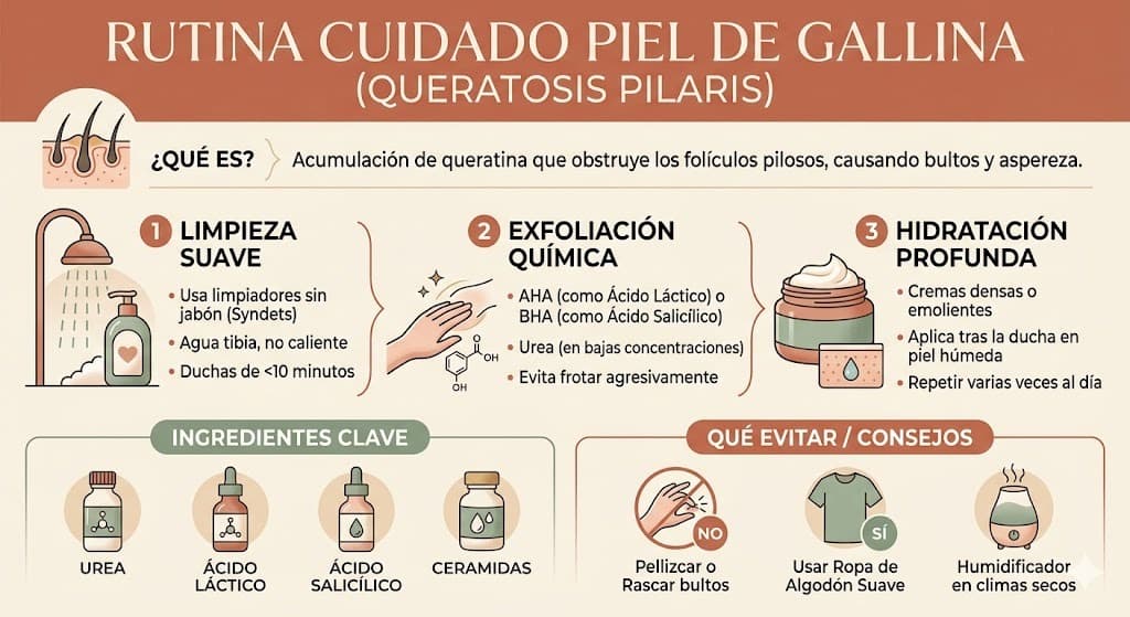 Rutina paso a paso para piel de gallina: limpiar, exfoliar químicamente, hidratar y proteger