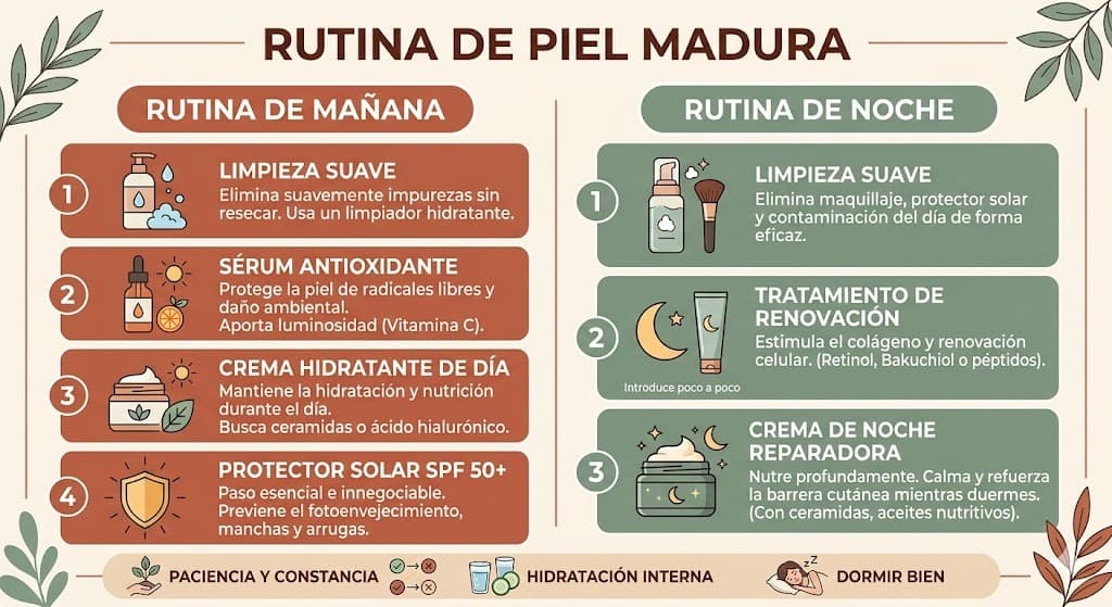 Rutina completa para piel madura y seca: manana con vitamina C y protector solar, noche con retinol y ceramidas