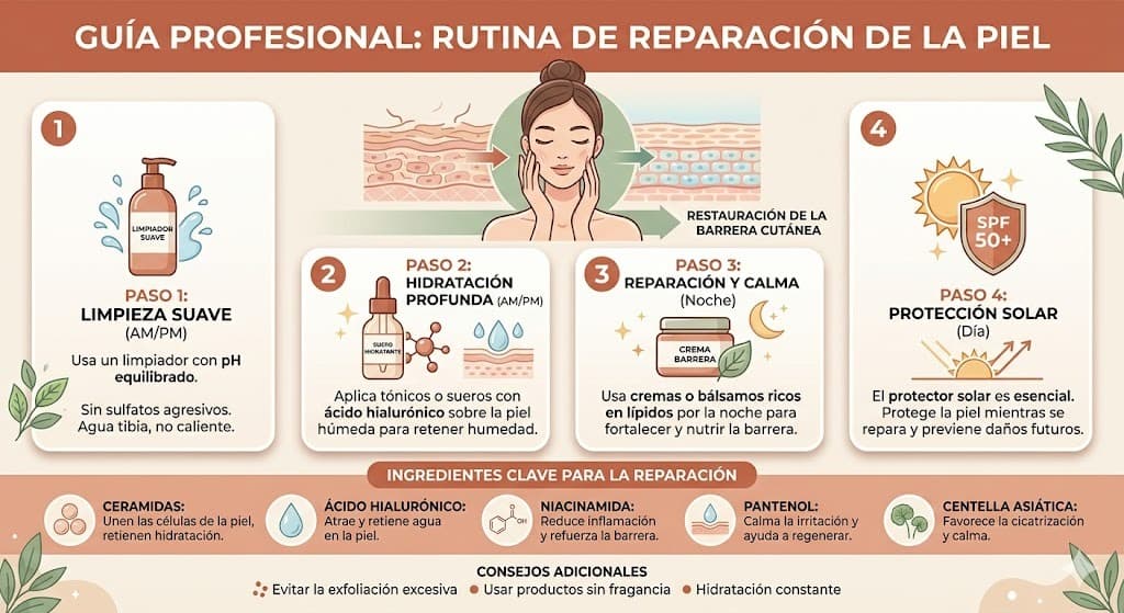 Rutina de reparación de la piel en 3 fases: calmar, reparar y mantener con productos y duración