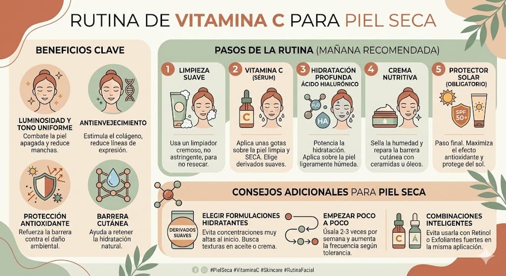 Orden de aplicacion del serum de vitamina C en rutina de piel seca: limpieza, serum, hidratante y protector solar