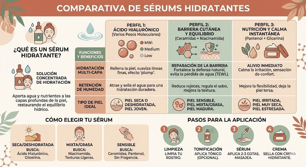 Comparativa de serums hidratantes para piel seca: acido hialuronico, vitamina B5 y ceramidas con ingredientes clave