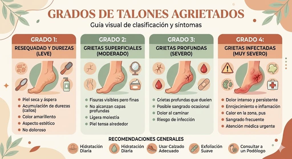 Grados de agrietamiento en talones: desde resequedad leve hasta grietas profundas con tratamiento especifico para cada nivel