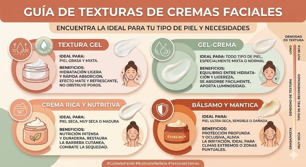 Guia de texturas de crema facial: gel, crema ligera, crema rica y balsamo para diferentes tipos de piel seca