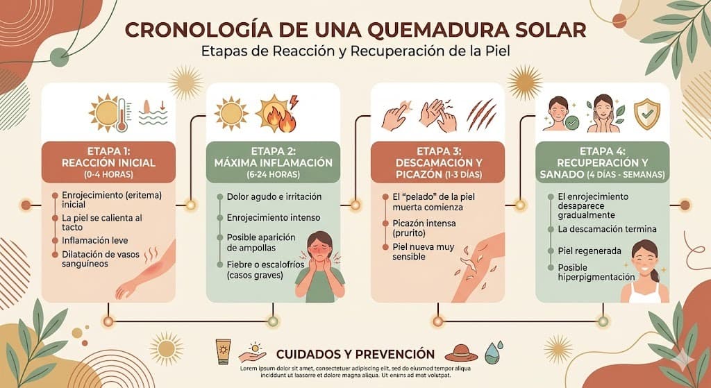 Timeline de recuperacion de quemadura solar: fase aguda, descamacion, regeneracion y cuidado post-quemadura con productos recomendados para cada etapa
