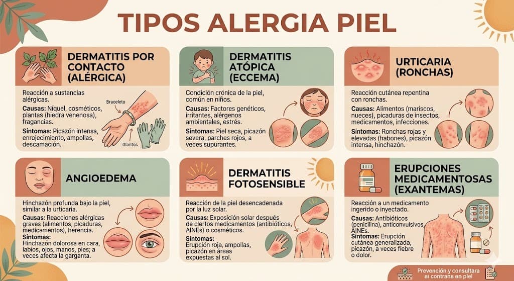 Tipos de reacciones alergicas en la piel: dermatitis de contacto, urticaria, dermatitis atopica y sus caracteristicas visuales