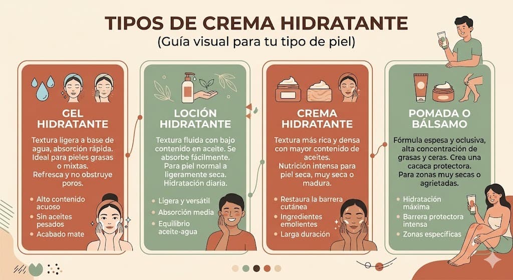 Tipos de crema hidratante para piel seca: humectantes, emolientes, oclusivos y reparadores con sus funciones