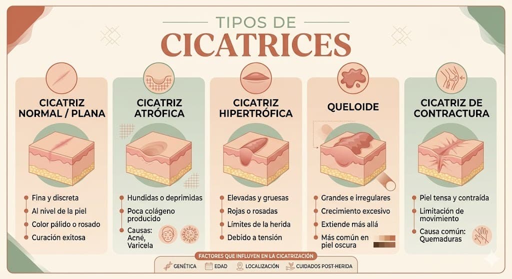 Tipos de cicatrices en la piel: atroficas, hipertroficas, queloides y planas — con indicacion de que tratamiento funciona para cada una