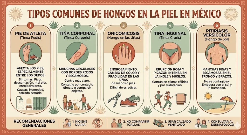Tipos de infecciones fungicas comunes en Mexico: tina corporal, pie de atleta, candidiasis cutanea y pitiriasis versicolor con zonas afectadas
