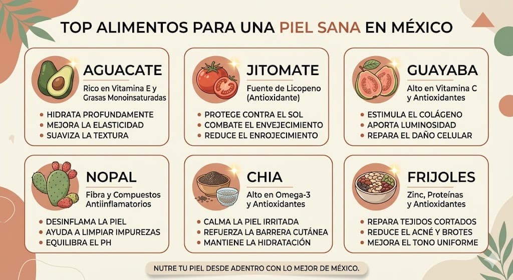 Ranking visual de los 10 mejores alimentos mexicanos para piel seca: guayaba en primer lugar seguida de zanahoria, mango, toronja, papaya, frijoles, sardinas, verdolagas, pepitas y chia, con indicadores de vitamina C, vitamina A, zinc y omega-3