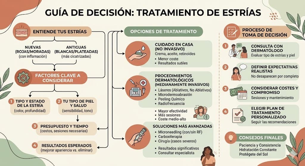 Arbol de decision para tratamiento de estrias: prevencion durante embarazo, tratamiento de estrias rojas y opciones para estrias blancas