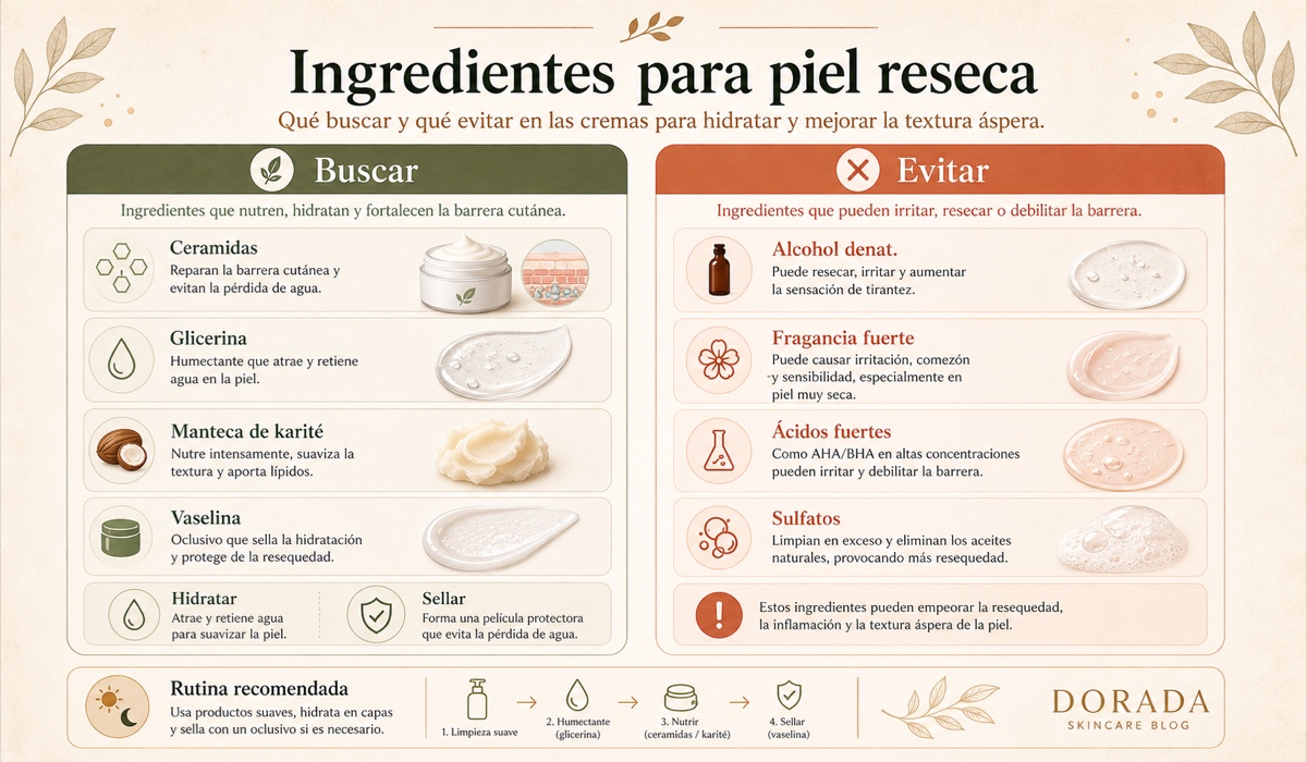 Ingredientes que buscar y evitar en crema para piel reseca: ceramidas, glicerina y karité vs alcohol, fragancias y ácidos fuertes