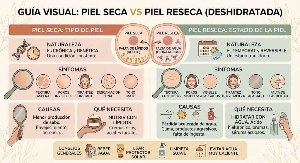 Diferencia entre piel seca (tipo crónico) y piel reseca (estado temporal) con tratamiento para cada una